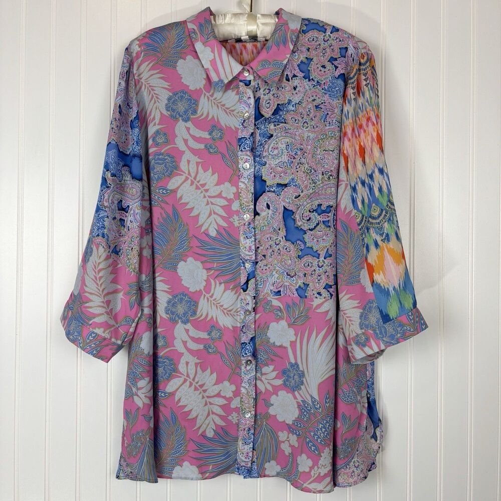 Rose & Olive Women Button Up Top 1X Pink Blue Floral Colorful Artsy Boho Peasant